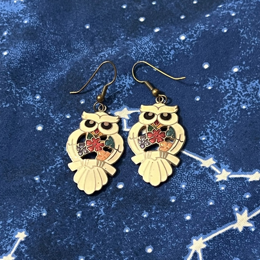 LAST CHANCE! VINTAGE Stefano Cloisonné Enamel Owl Dangle Earrings